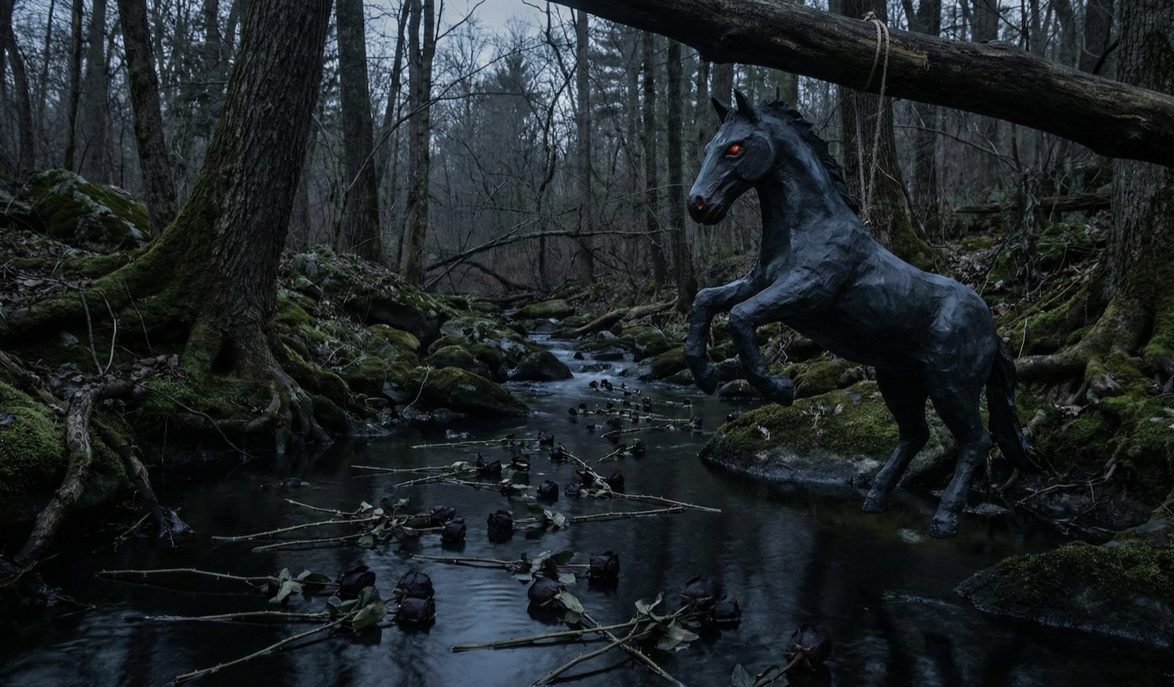 Theatre-in-the-round forest set design for Blood Wedding with black stream and suspended stallion with glowing red eyes