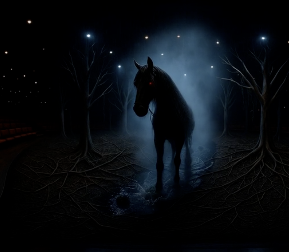 Act III of Blood Wedding — cold blue moonlight with the forest consuming everything