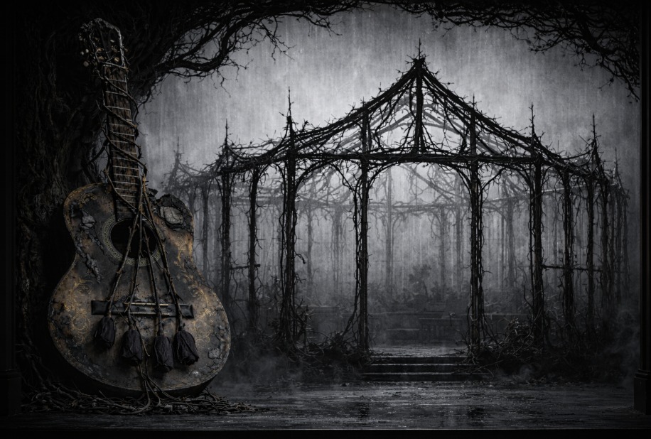 Do&ntilde;a Rosita la Soltera set design — greenhouse prison of black rose stems, monumental guitar, grey cyclorama