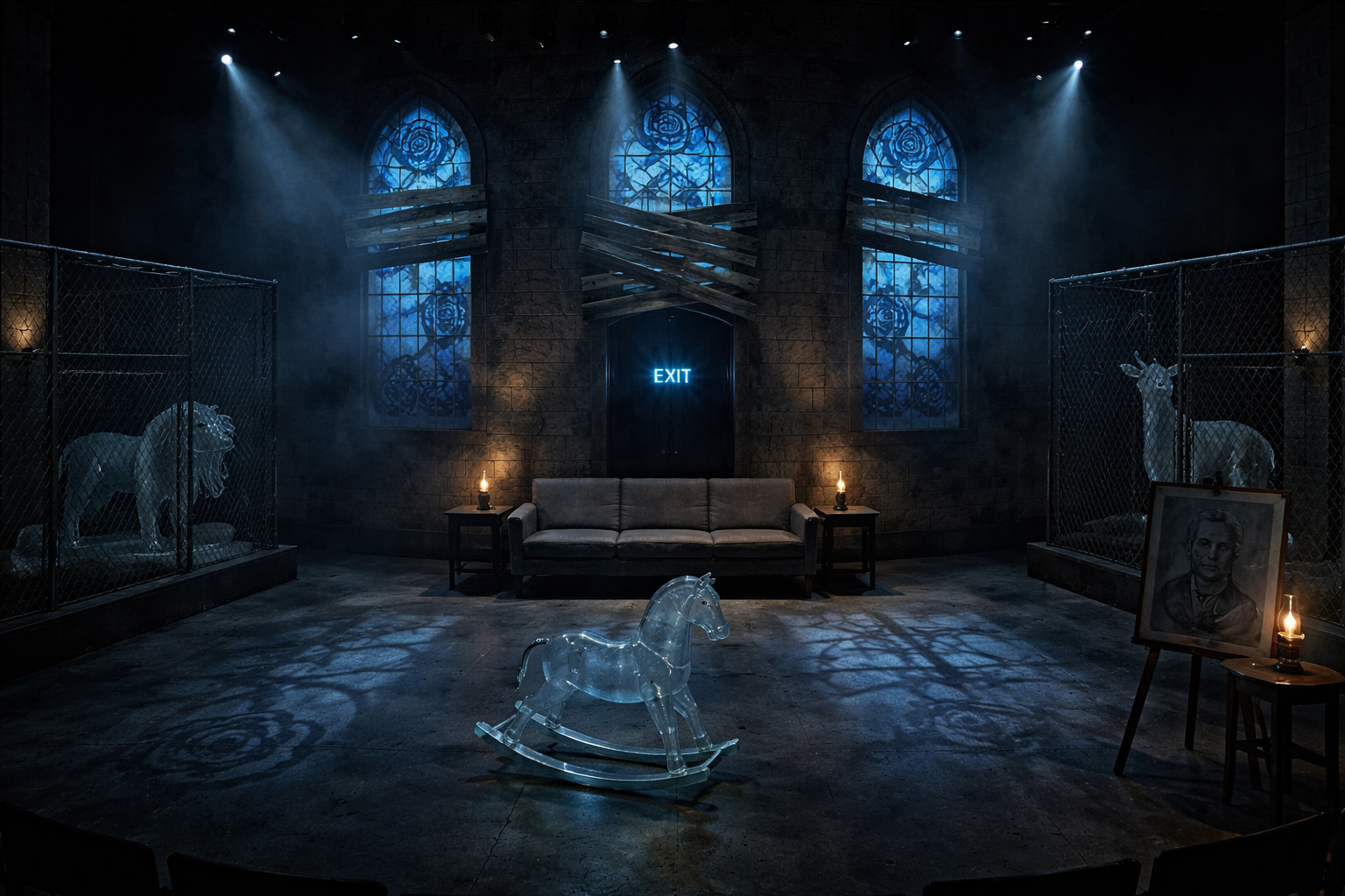 The Glass Menagerie set design — ruined church architecture, blue rose stained glass, wire mesh zoo enclosures, glass rocking horse