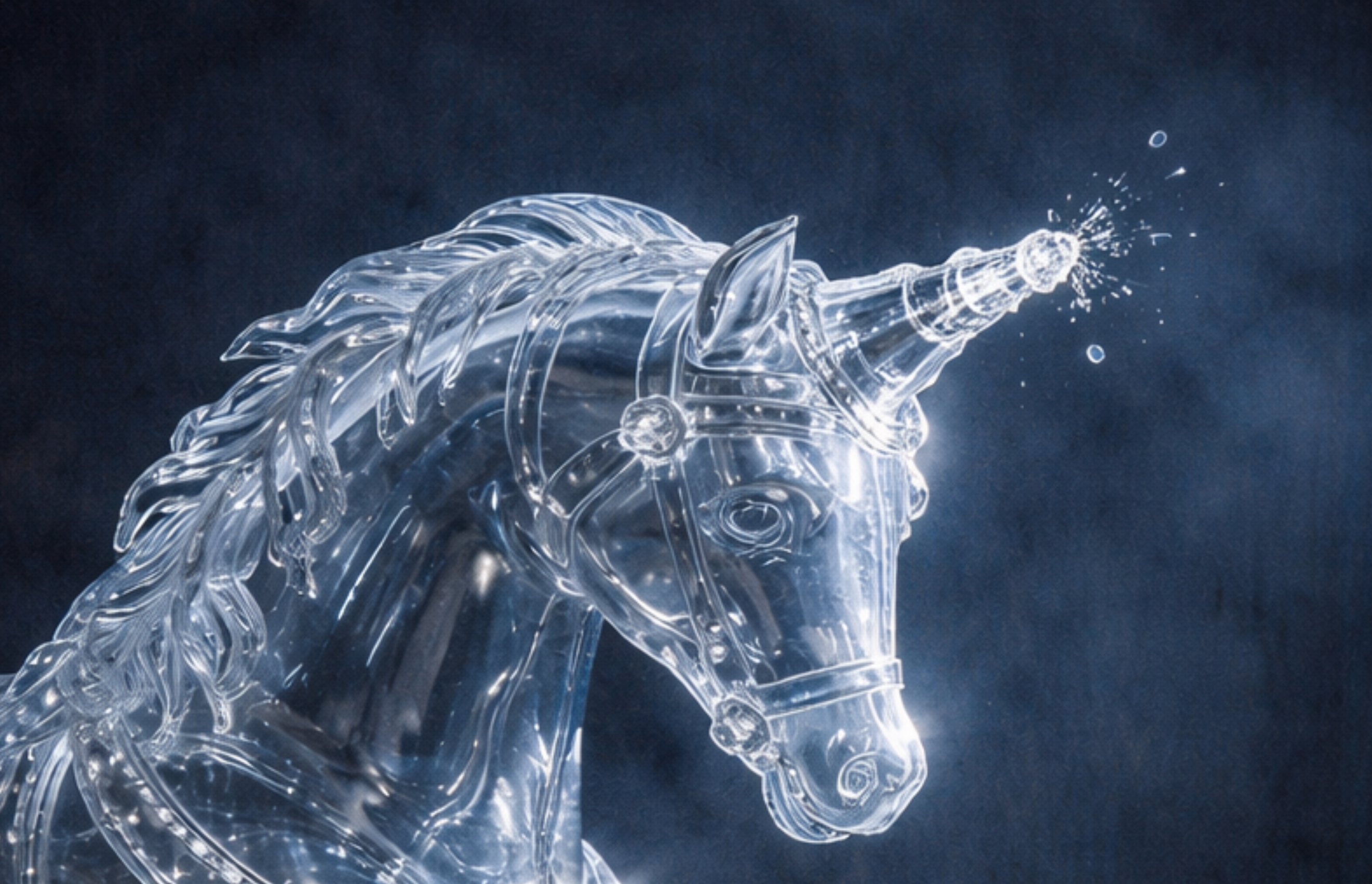 The glass rocking horse — the unicorn reimagined at monumental scale, catching blue light