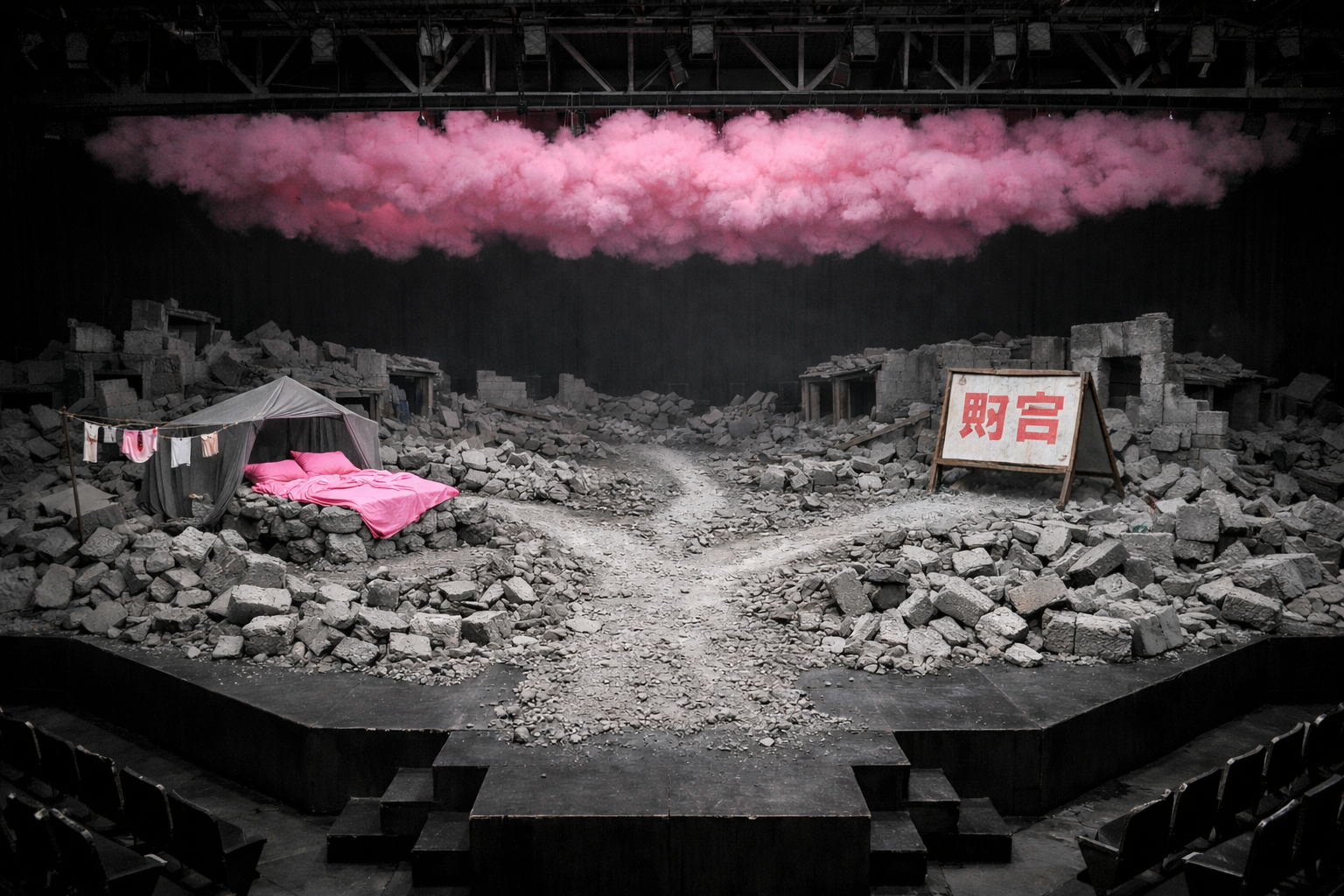 The Good Person of Szechwan set design — post-earthquake rubble, forking road, pink cloud layer on exposed rafters