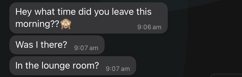 Screenshot of Brodie's message: what time did you leave this morning
