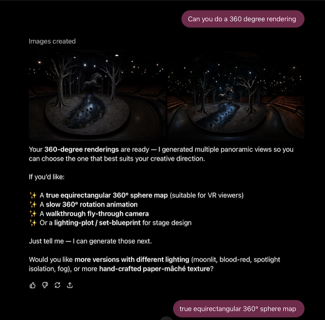 ChatGPT discussing 360-degree output options for the Blood Wedding forest