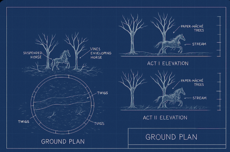 Technical blueprint with ground plan and elevations for the Blood Wedding set