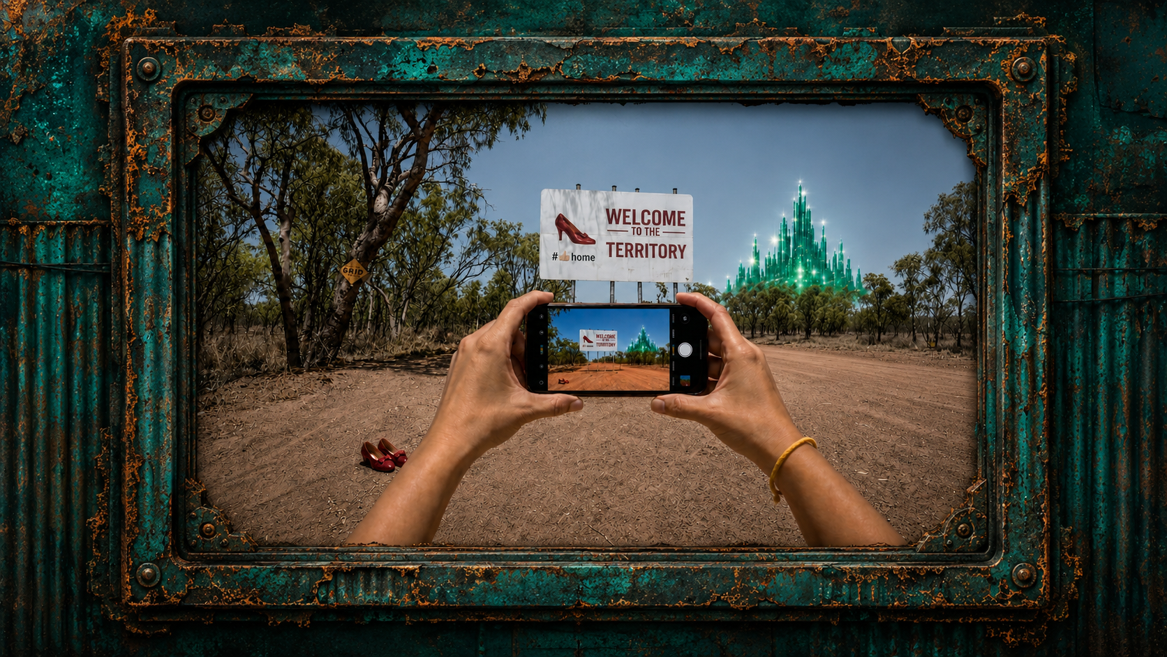 Hands holding a phone, photographing a roadside &lsquo;Welcome to the Territory&rsquo; sign with the Emerald City shimmering on the horizon and red shoes in the dust